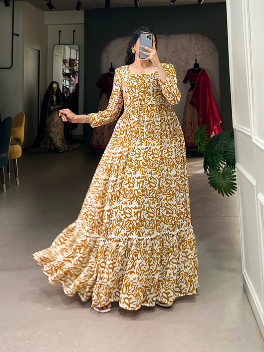 Mustard Color Printed Georgette Long Dress