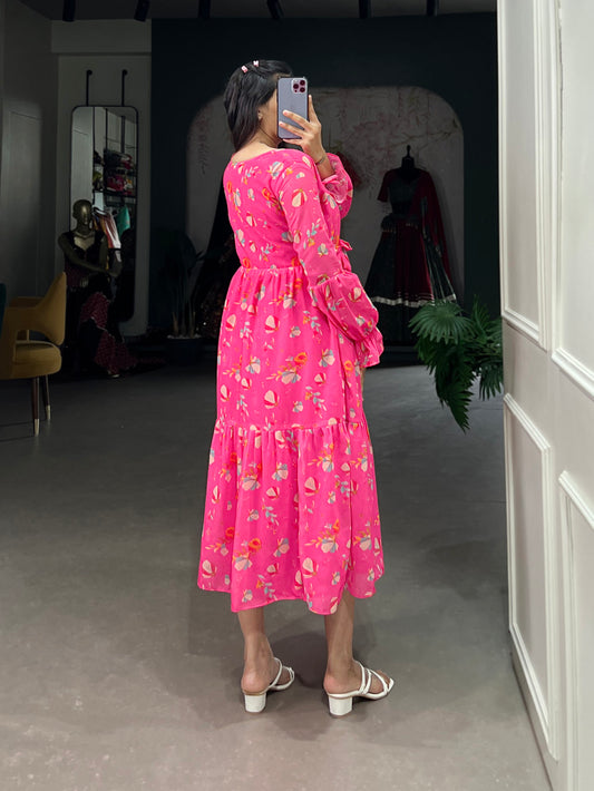 Pink Color Floral Print Georgette Stylist Dress