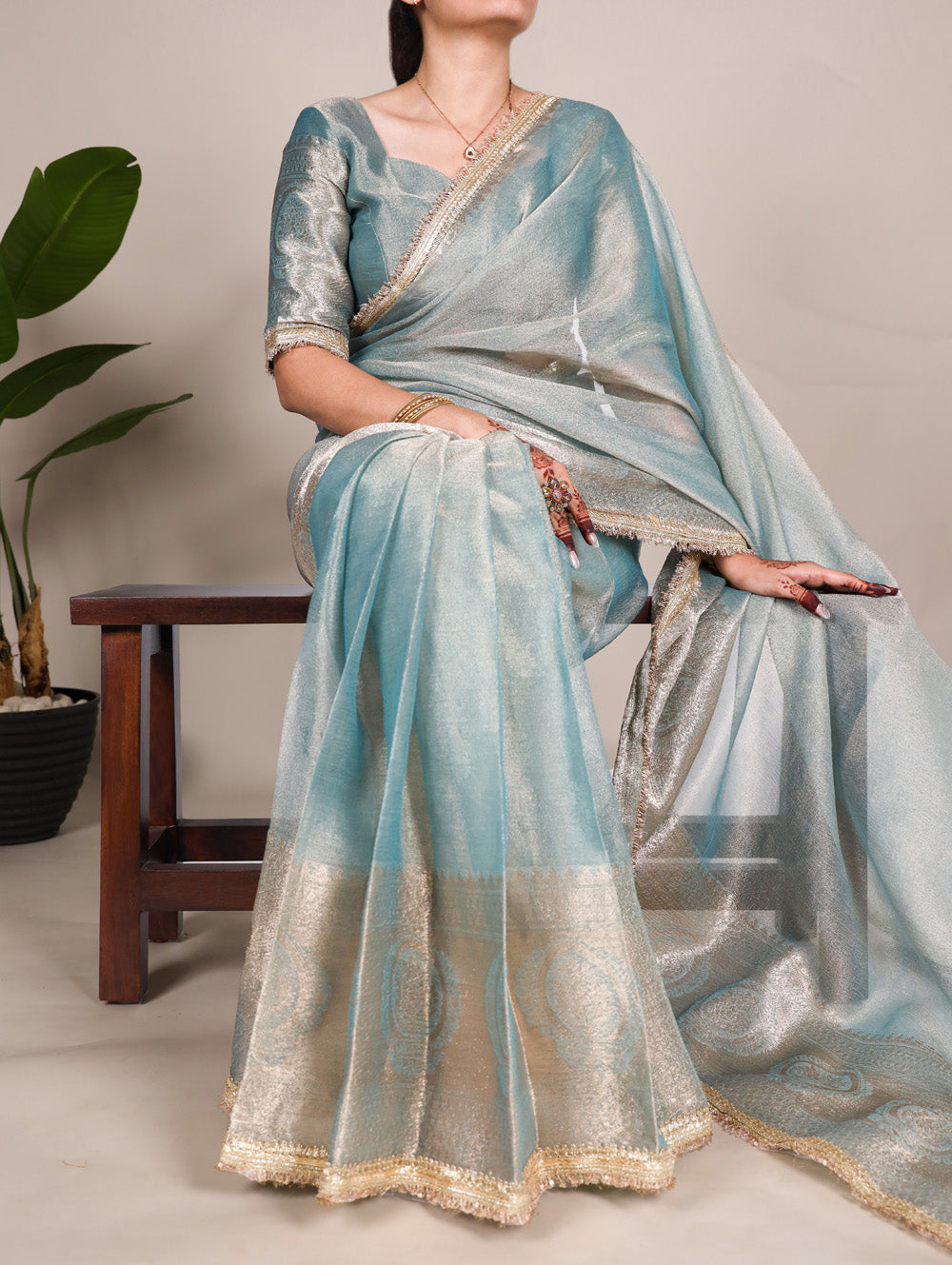 Sky Blue Color Zari Weaving Work With Sequins Border Tissue Shimmer Saree