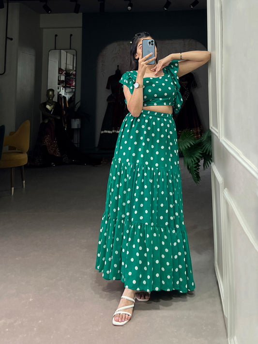 Green Color Polka Dot Print Georgette Co-ord Set