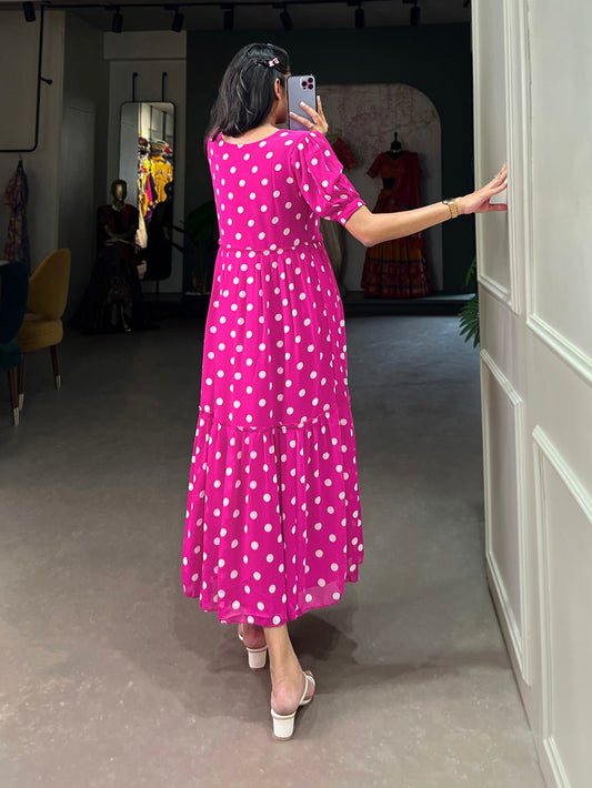Pink Color Polka Dot Print Georgette Festive Wear Dress