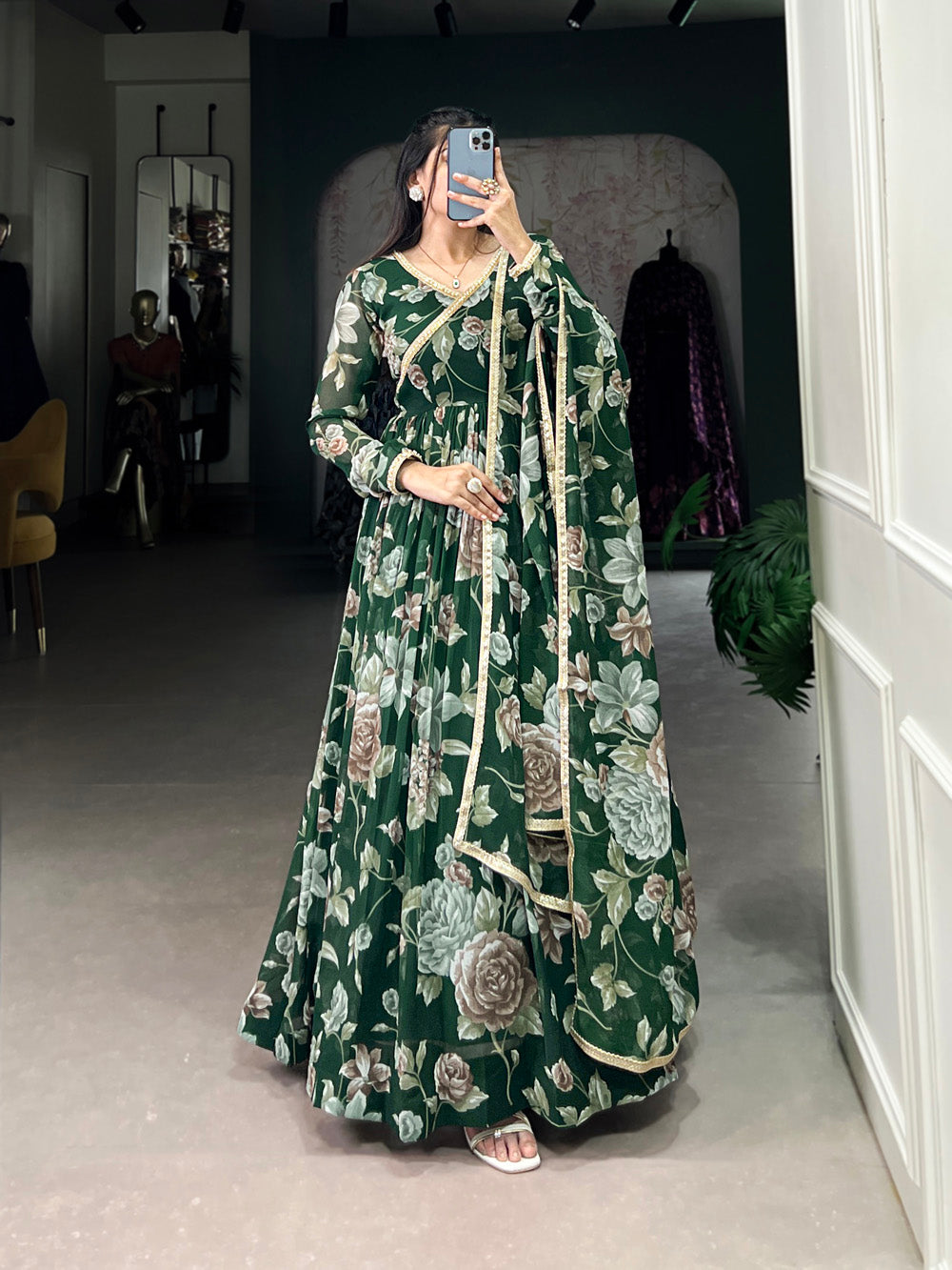 Green Color Floral Print With Lace Border Marbel Gown