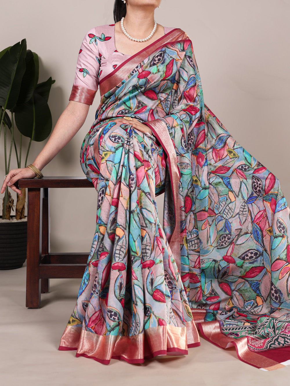 Crimson Color Printed Tussar Silk With Viscose Border Saree