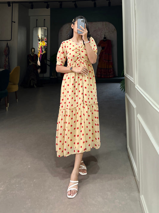 Cream Color Polka Dot Print Georgette Festive Wear Dress