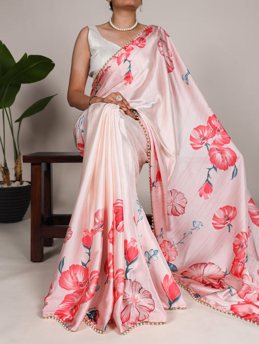 Peach Color Floral Print With Peral Lace Border Satin Silk Saree