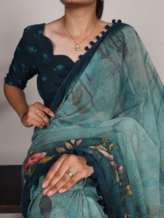 Teal Color Floral Print With Georgette Indian Saree