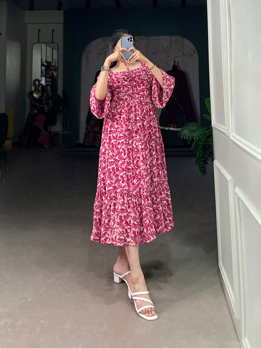 Pink Color Printed Georgette Dress