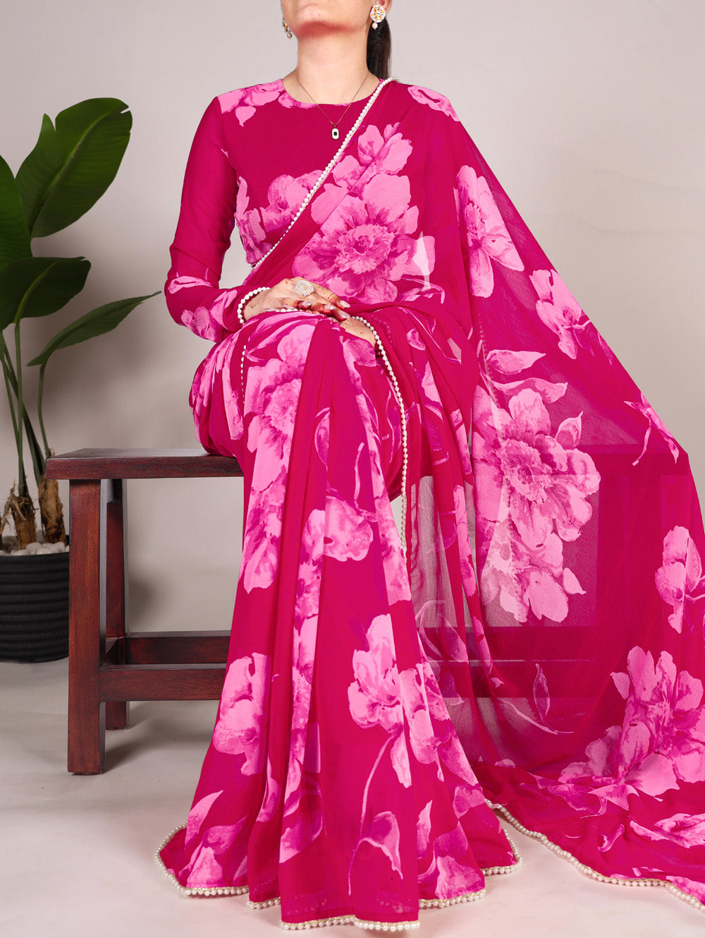 Pink Color Floral Printed Pearl Lace Border Chiffon Saree