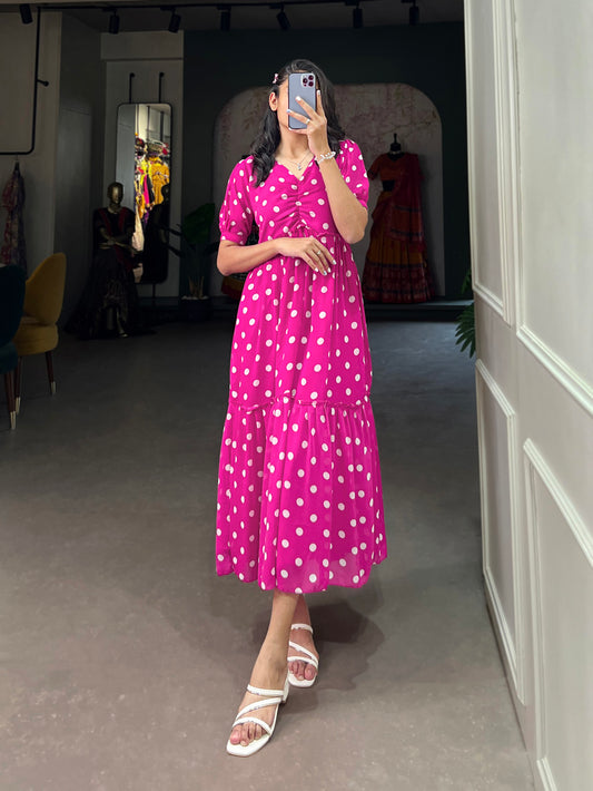 Pink Color Polka Dot Print Georgette Festive Wear Dress