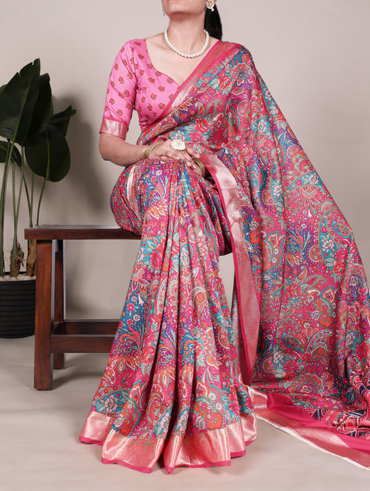 Pink Color Printed Tussar Silk With Viscose Border Saree