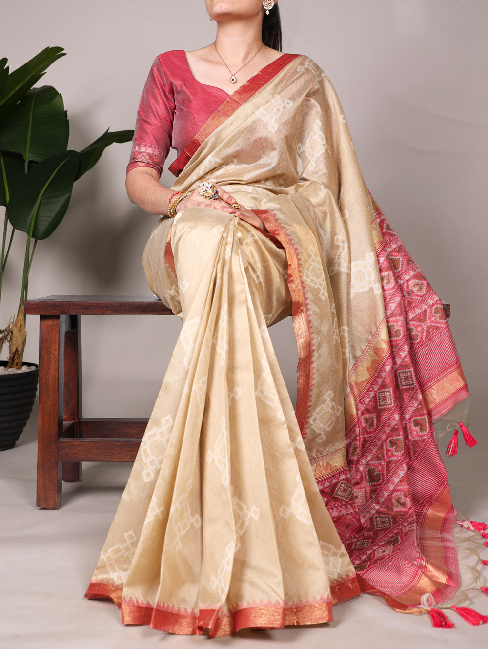 Cream Color Printed With Zari Weaving Work Jacquard Silk Saree