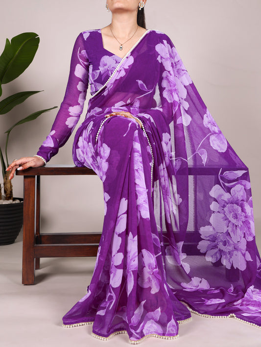 Purple Color Floral Printed Pearl Lace Border Chiffon Saree