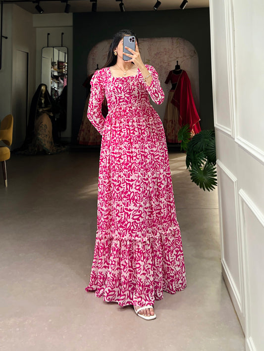 Pink Color Printed Georgette Long Dress