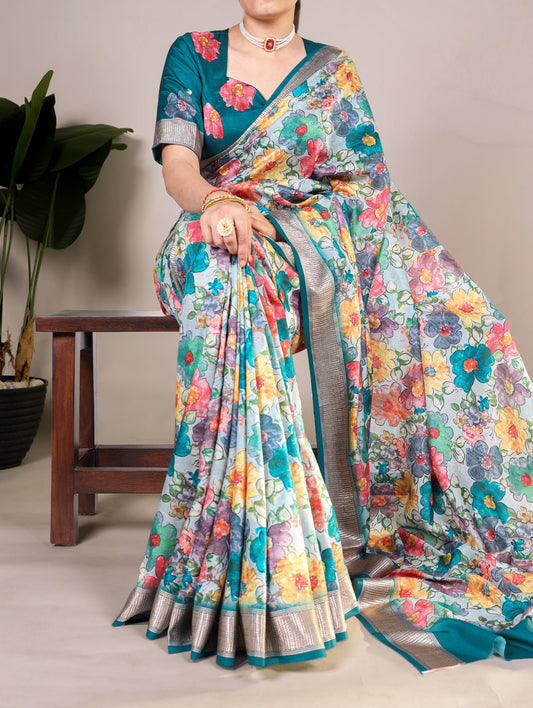 Teal Color Floral Printed Tussar Silk With Viscos Border Saree