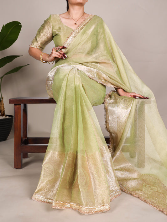 Pista Color Zari Weaving Work With Sequins Border Tissue Shimmer Saree