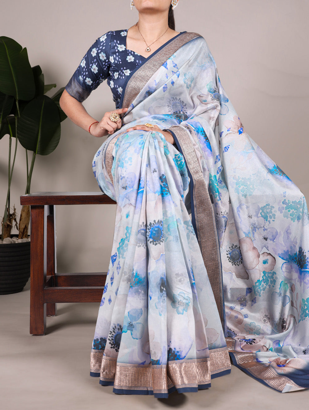 Sky Blue  Color Tussar Silk With Viscos Border Floral Printed Saree