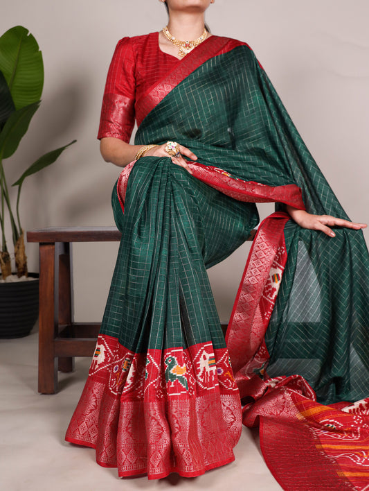 Green Color Patola Print With Weaving Work Tussar Chex Saree