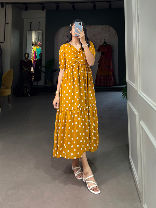 Mustard Color Polka Dot Print Georgette Party Wear Dress