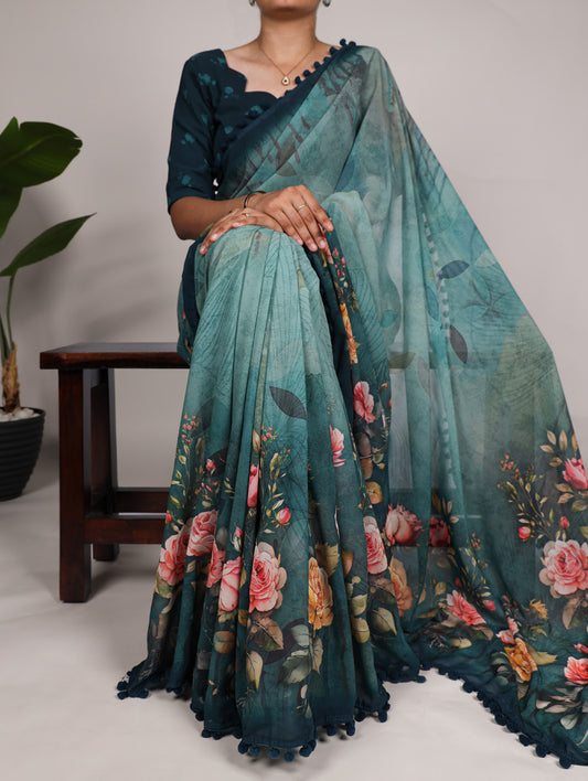 Teal Color Floral Print With Georgette Indian Saree