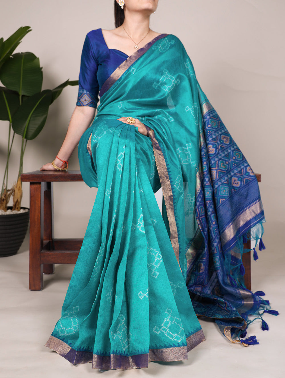 Teal Color Printed With Zari Weaving Work Jacquard Silk Saree