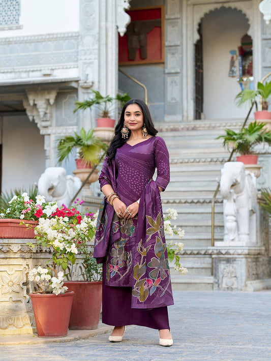 Wine Color Floral Print With Beets Handwork Roman Silk Salwar Suit