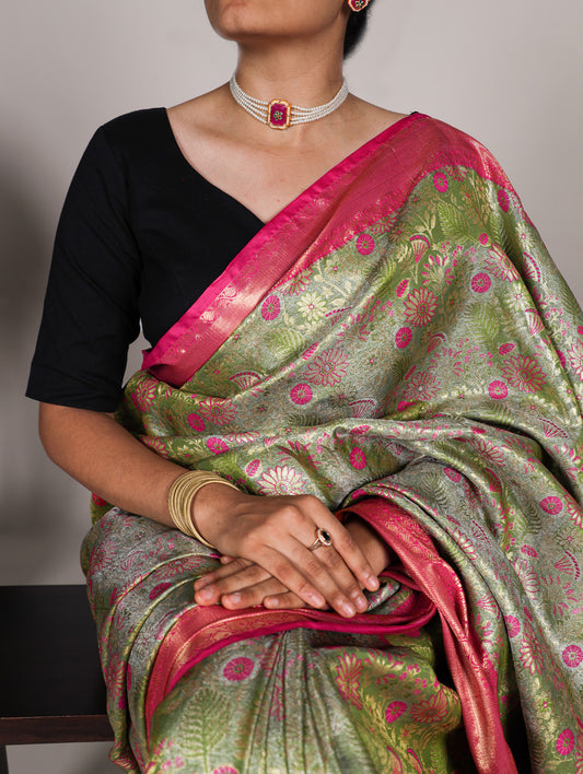 Pista Color Zari Weaving Work Jacquard Silk Saree