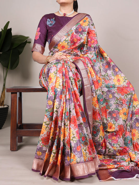 Wine Color Floral Printed Tussar Silk With Viscos Border Saree