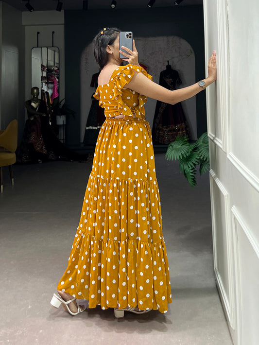 Mustard Color Polka Dot Print Georgette Co-ord Set Festive Wear