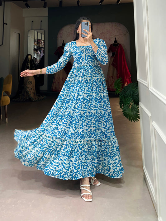 Blue Color Printed Georgette Long Dress