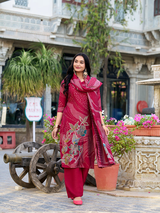 Maroon Color Floral Print With Beets Handwork Roman Silk Salwar Suit