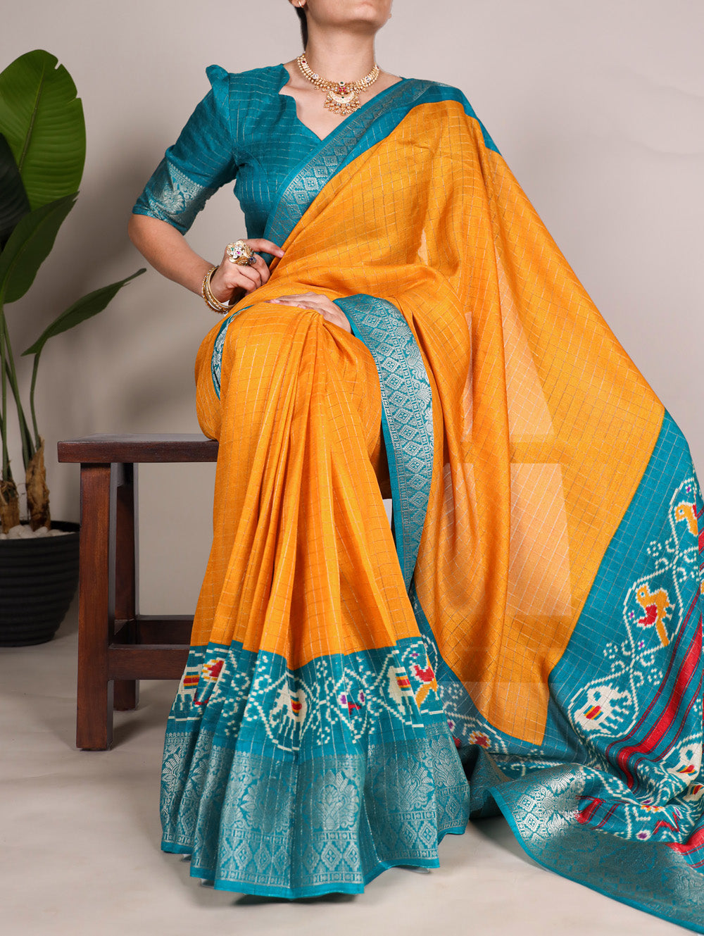 Mustard Color Patola Print With Weaving Work Tussar Chex Saree