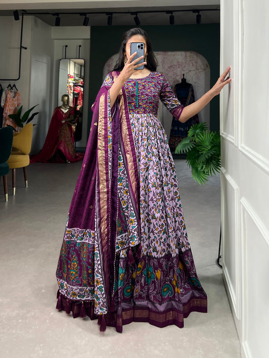 Purple Color Print With Foil Work Tussar Silk Dress