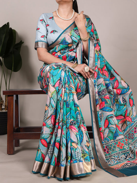 Teal Color Printed Tussar Silk With Viscose Border Saree