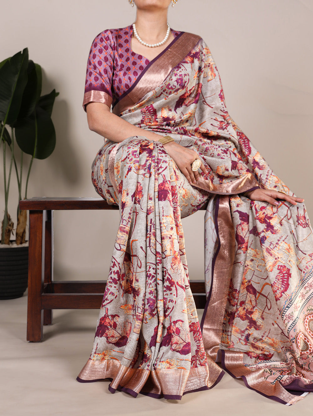 Wine  Color Printed Tussar Silk With Viscose Border Saree