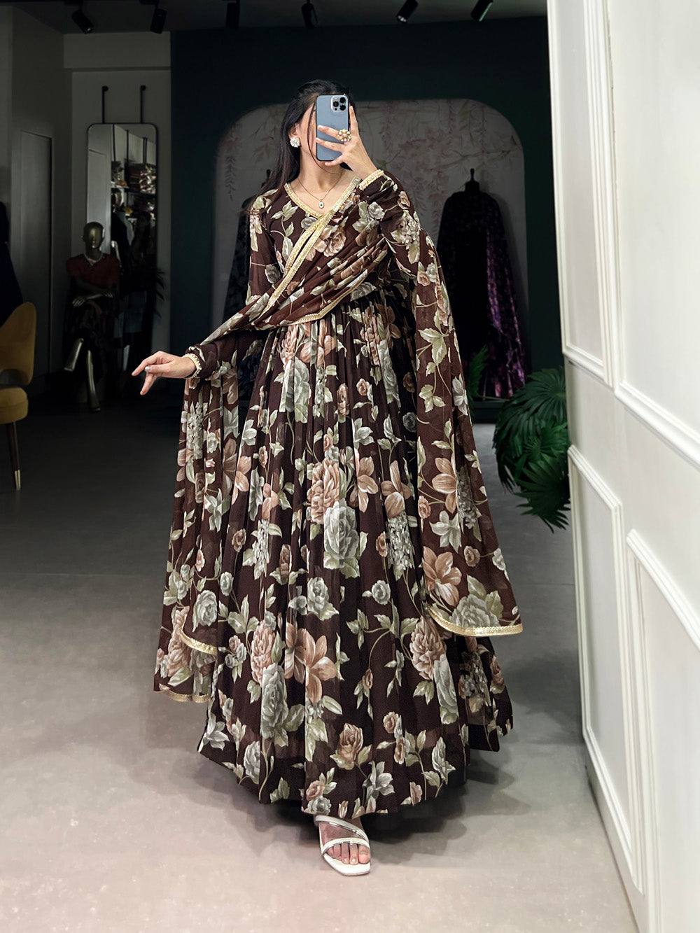 Brown Color Floral Print With Lace Border Marbel Gown