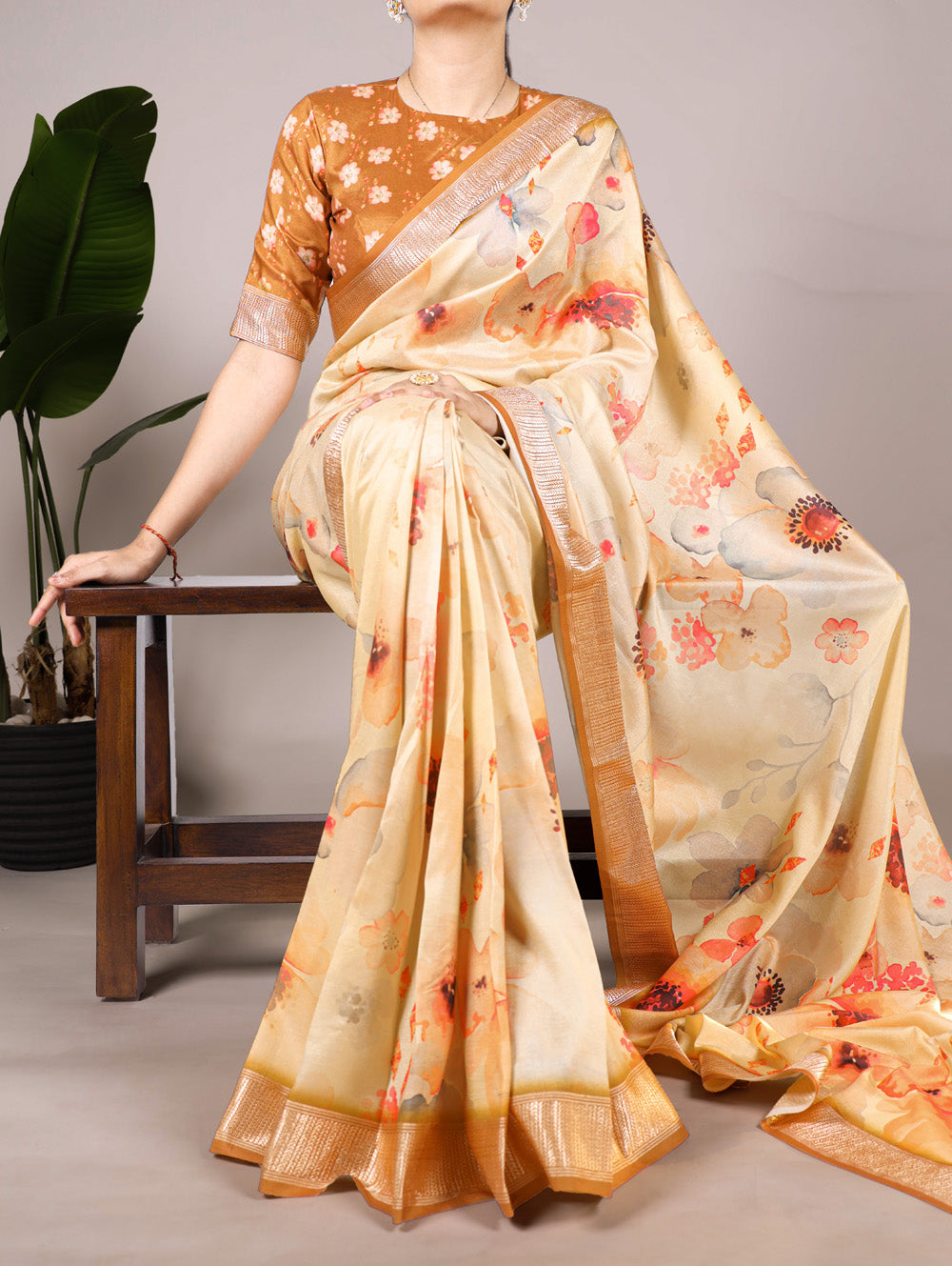 Cream Color Tussar Silk With Viscos Border Floral Printed Saree