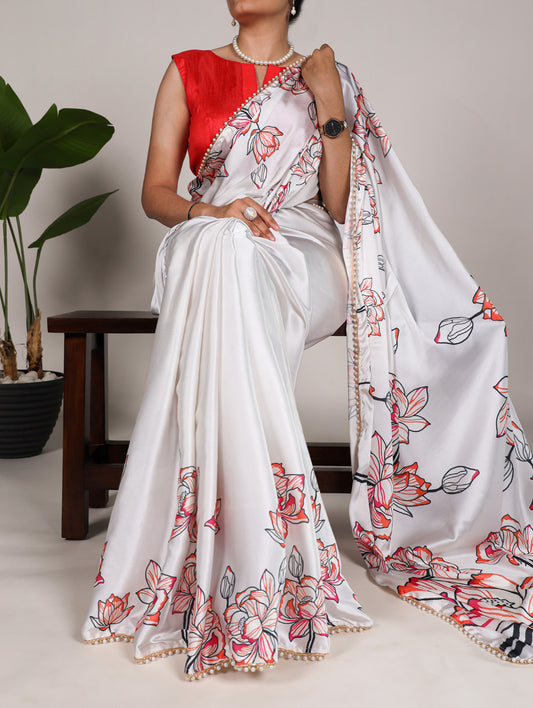 White Color Floral Print With Peral Lace Border Satin Silk Stylist Saree