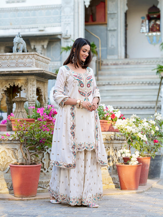 White Color Sequins And Thread Embroidery Work Vichitra Silk Salwar Suit