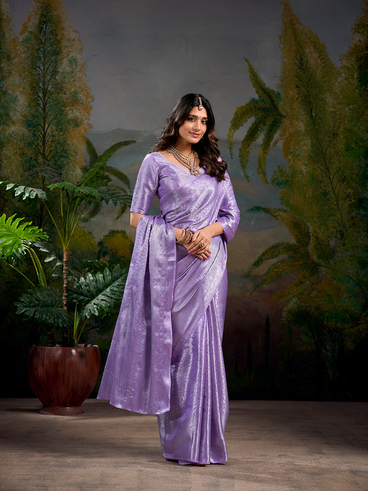 Lavender Color Zari Weaving Work With Kanjivaram Saree