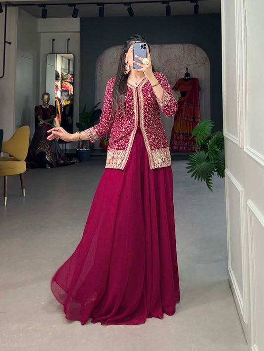 Rani Pink Color Sequins and Thread Embroidery Work Georgette Kurti Plaza Set