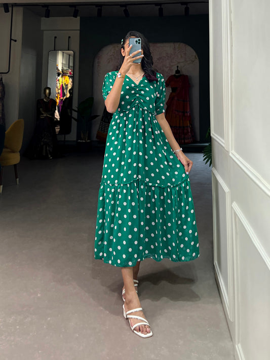 Green Color Polka Dot Print Georgette Fancy Dress