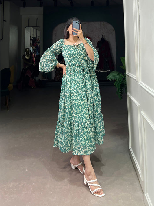 Green Color Printed Georgette Dress