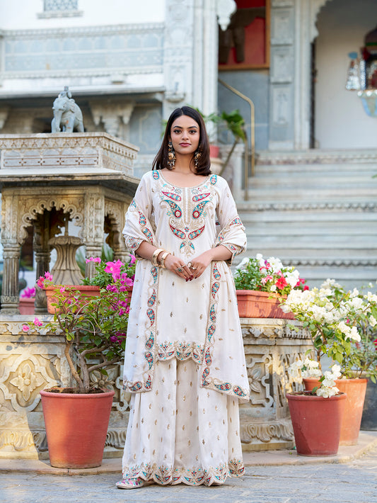 White Color Sequins And Thread Embroidery Work Vichitra Silk Salwar Suit