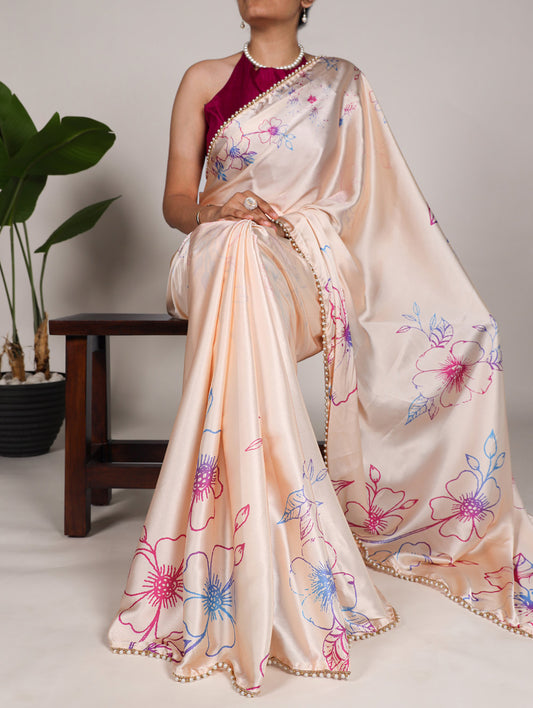 Cream Color Floral Print With Peral Lace Border Satin Silk Trading Saree