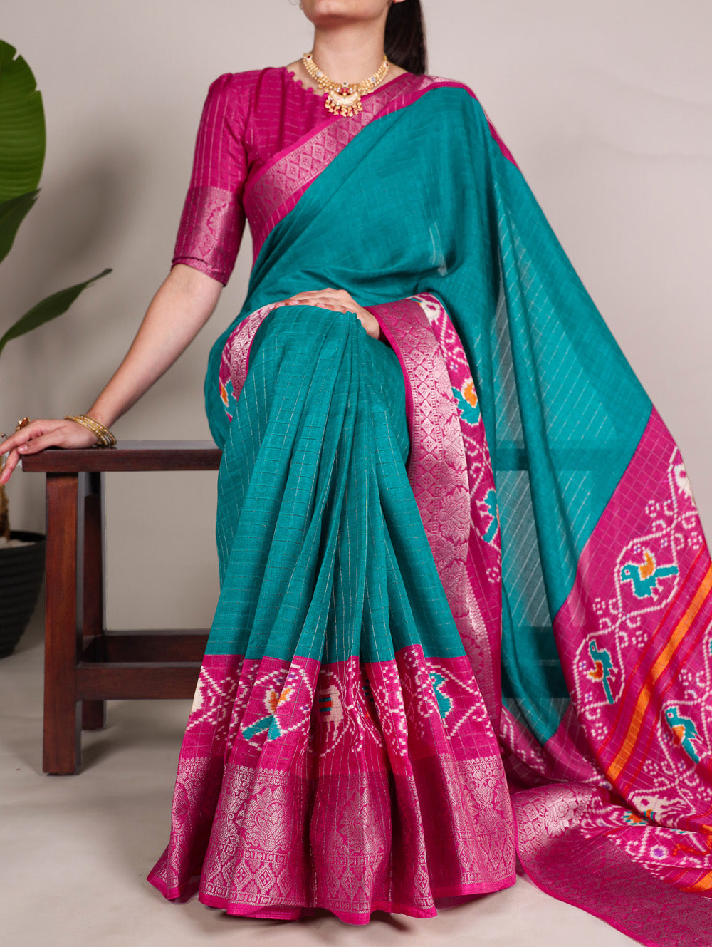 Firozi Color Patola Print With Weaving Work Tussar Chex Saree