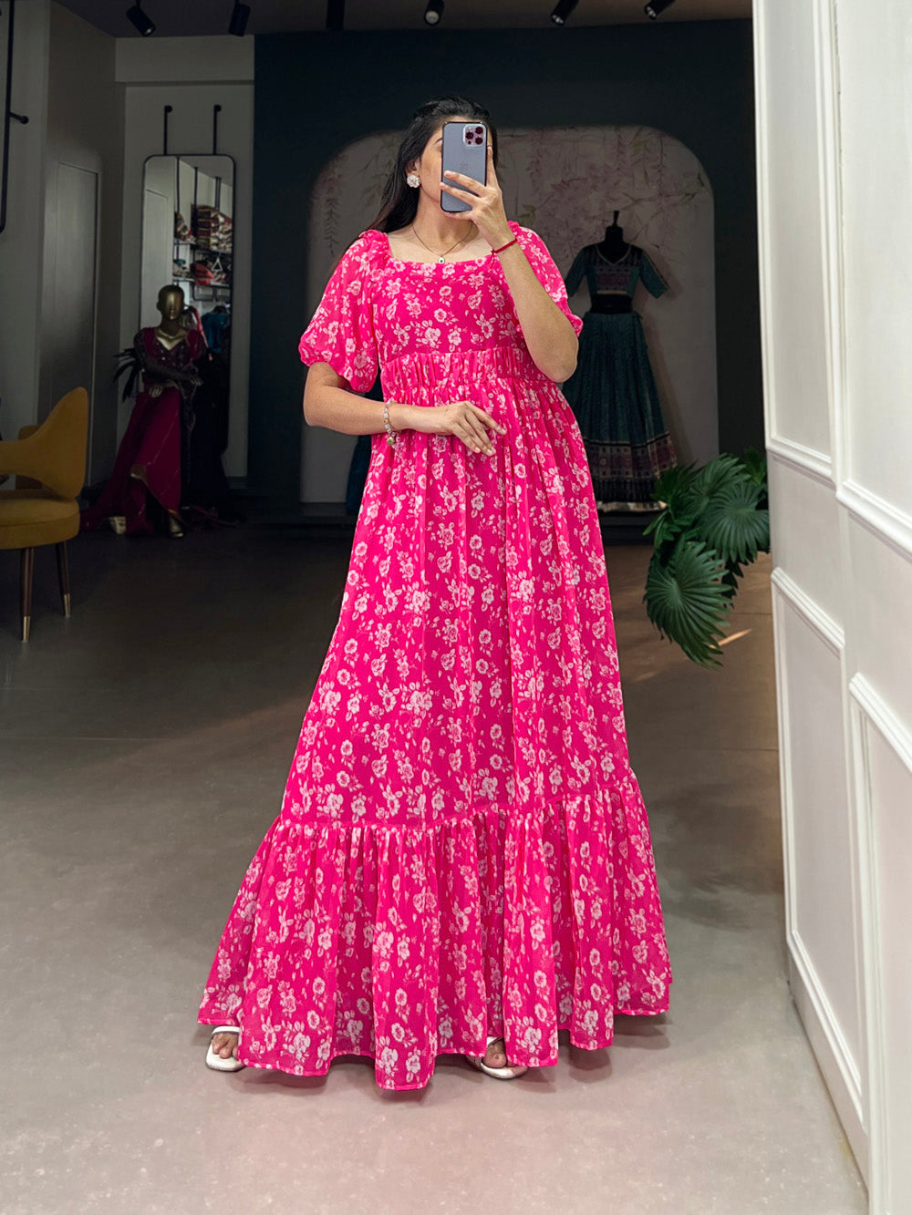 Pink Color Floral Printed Georgette Long Dress