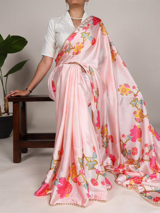 Tomato Color Floral Print With Peral Lace Border Satin Silk Festive Wear Saree