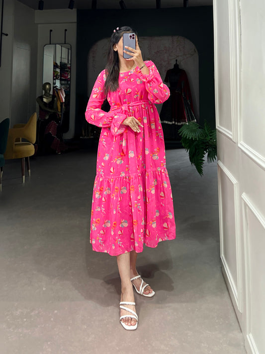 Pink Color Floral Print Georgette Stylist Dress