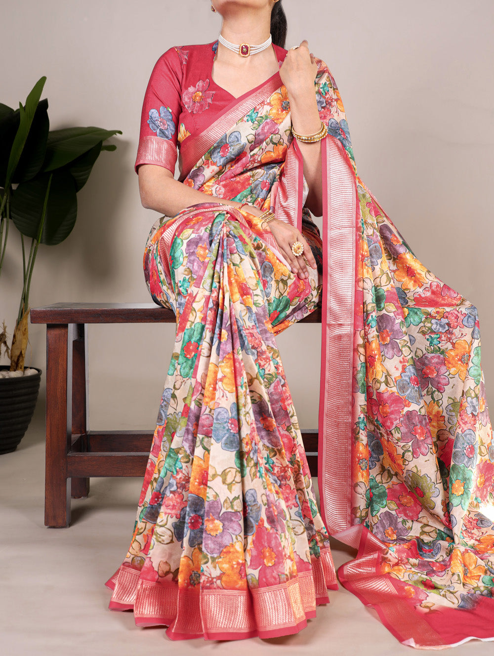 Pink Color Floral Printed Tussar Silk With Viscos Border Saree