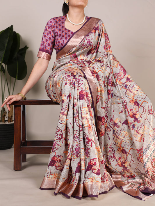 Wine  Color Printed Tussar Silk With Viscose Border Saree